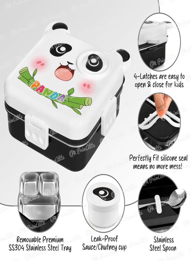 Primalite Kids Panda Theme Stainless Steel Bento Lunch Box for School, 3-Compartment, Sauce Jar & a Spoon, Leak-Proof with Seal Ring Design & Multiple Lock-Design Tiffin, Air-Tight- 1100ML- White - Image 3